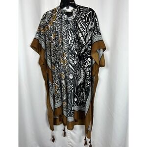 Steve Madden‎ Boho Mixed Print Mandala Tassel Kimono Wrap Brown Black OSFM